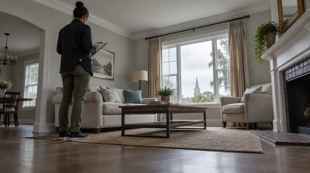 A property manager inspecting a rental living room in Louisiana