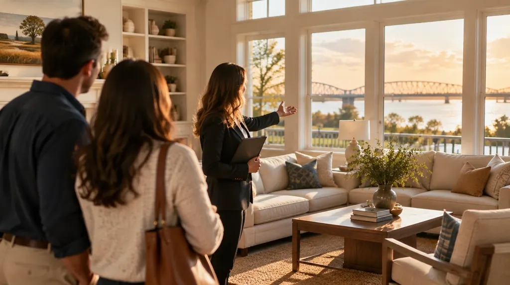A real estate agent showing a bright living room in Louisiana
