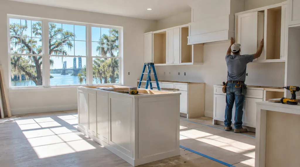 A remodeler installing new kitchen cabinets in Louisiana