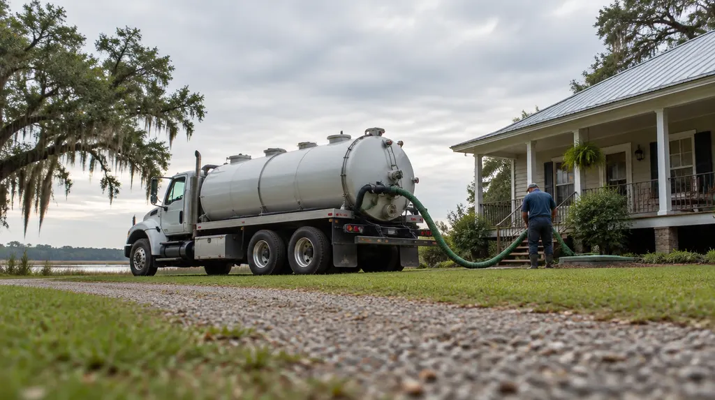 A septic pump truck parked beside a rural house in Louisiana