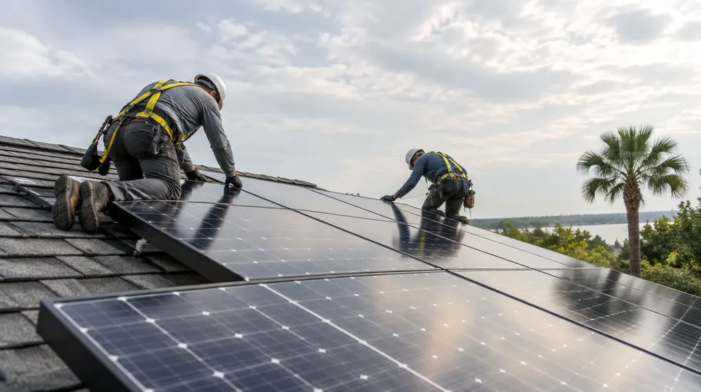 Installers mounting solar panels on a sunny roof in Louisiana