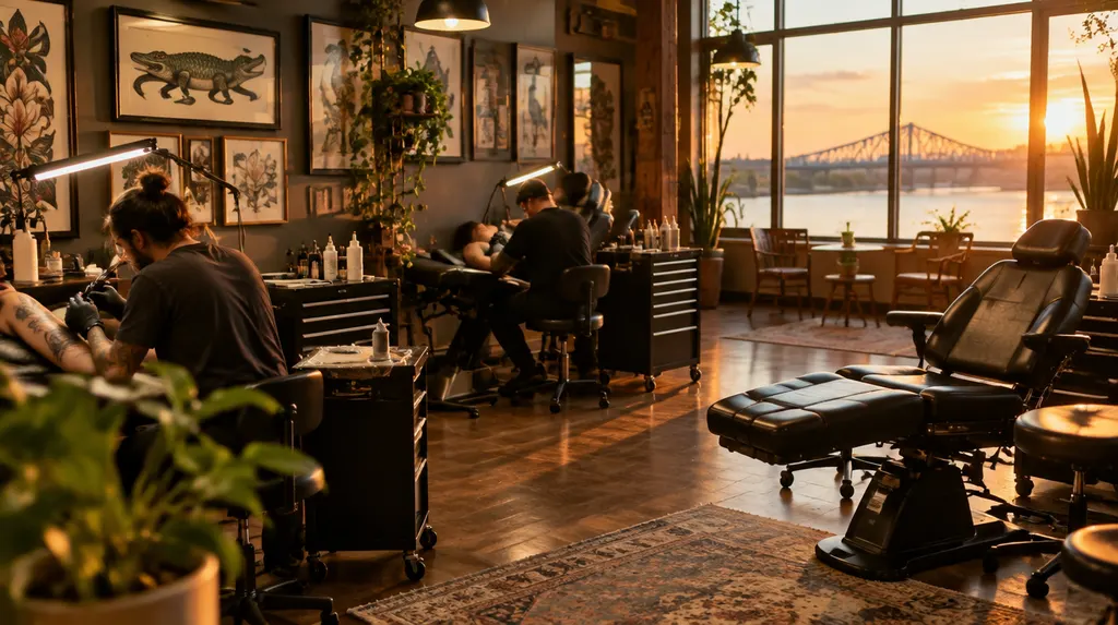 A clean modern tattoo studio with artist stations in Louisiana