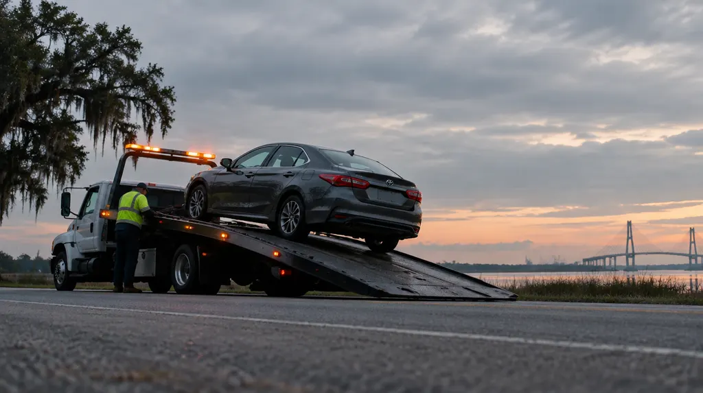 A flatbed tow truck loading a car at dusk in Louisiana