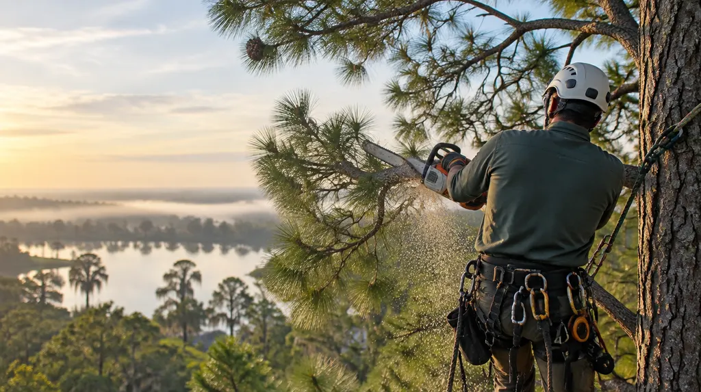An arborist in a harness trimming a tall pine in Louisiana