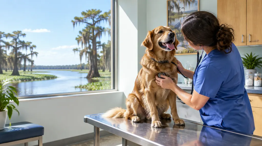 A veterinarian examining a happy dog on an exam table in Louisiana