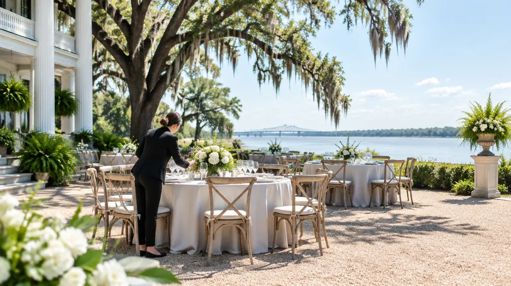 A wedding planner arranging a reception table in Louisiana