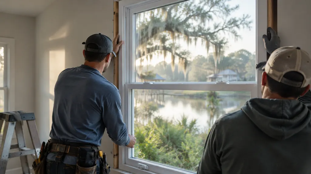 Installers fitting a new double-hung window in Louisiana