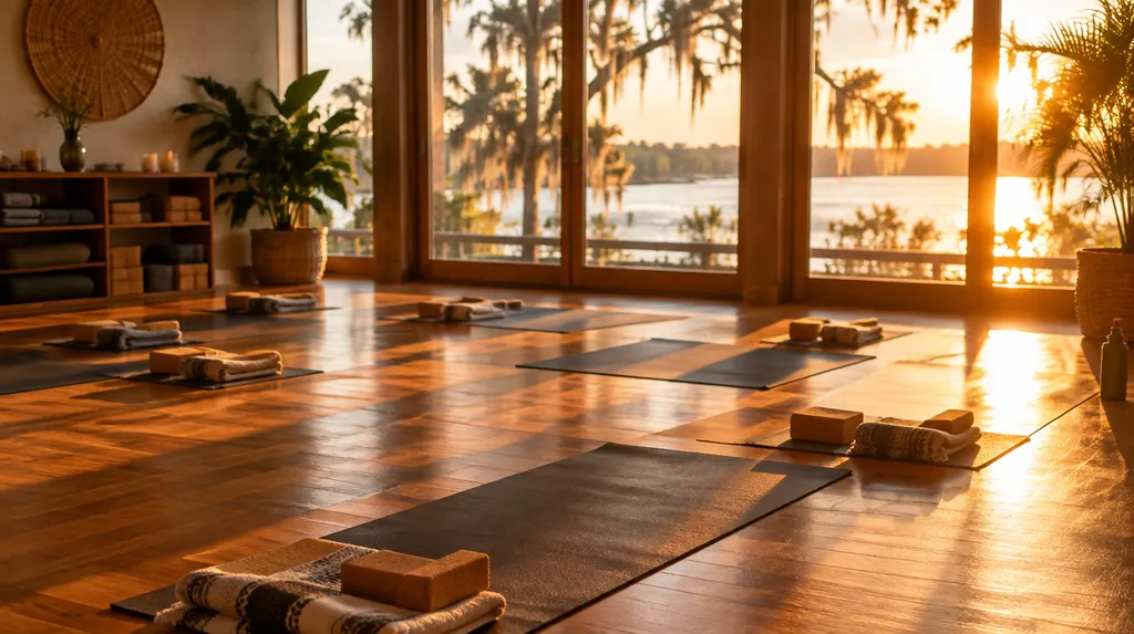 A sunlit yoga studio with mats laid out in Louisiana