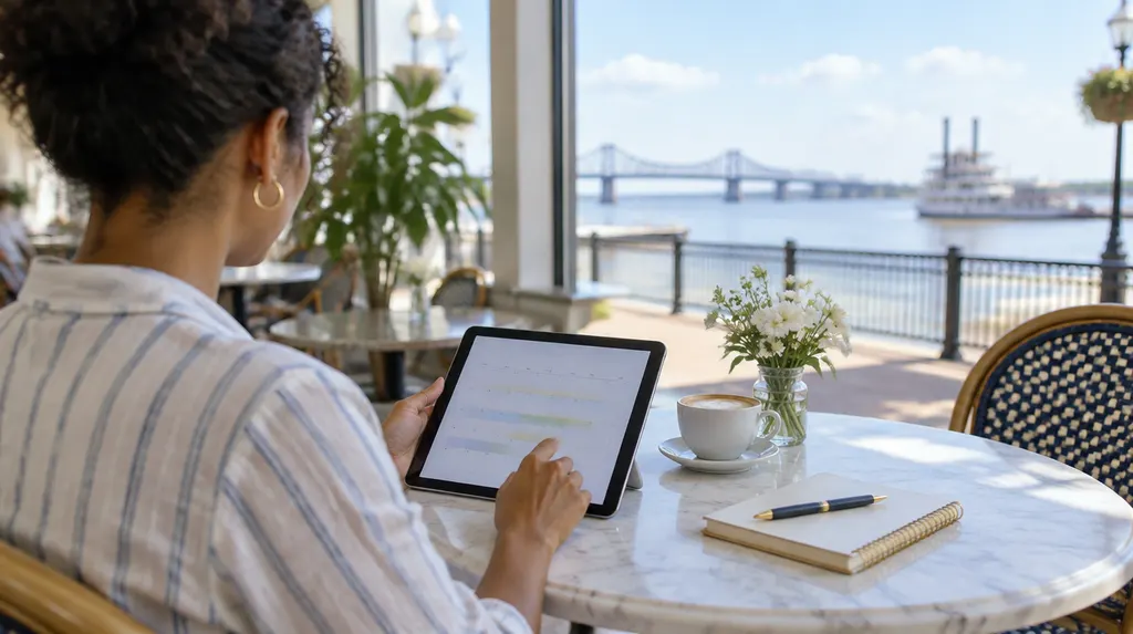 A small business owner reviewing a monthly website plan on a tablet at a café table