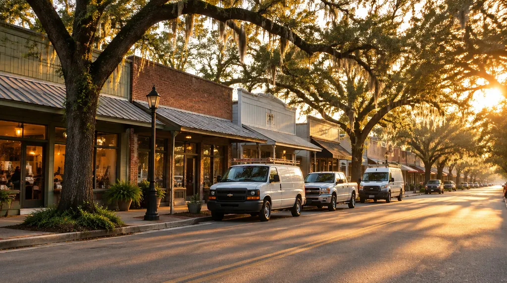 Local businesses along a street in Lafayette, Louisiana