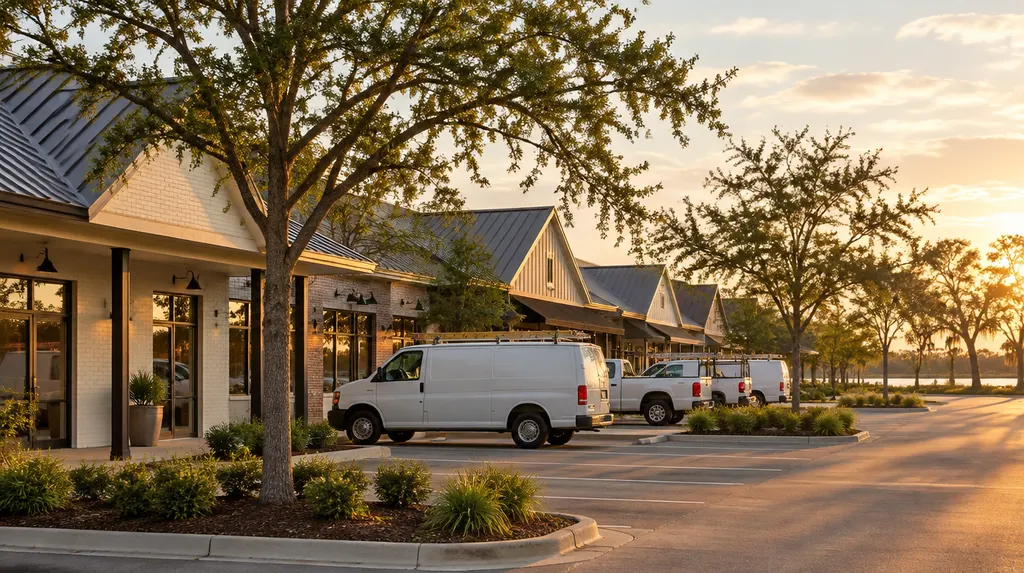 Local businesses along a street in Lake Charles, Louisiana