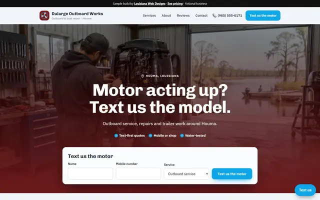 Homepage of the Dularge Outboard Works sample site