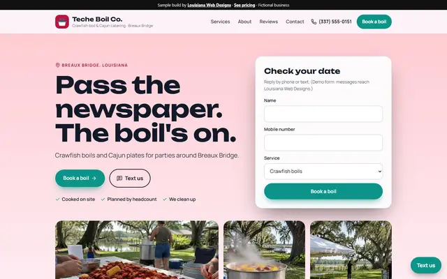 Homepage of the Teche Boil Co. sample site