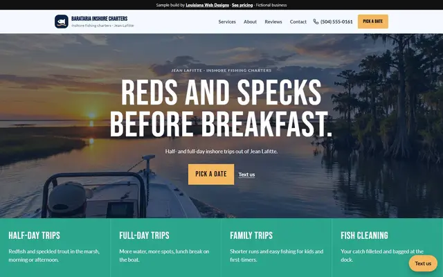 Homepage of the Barataria Inshore Charters sample site