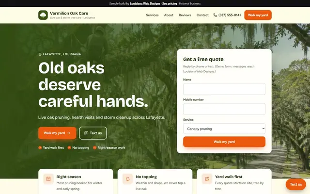 Homepage of the Vermilion Oak Care sample site
